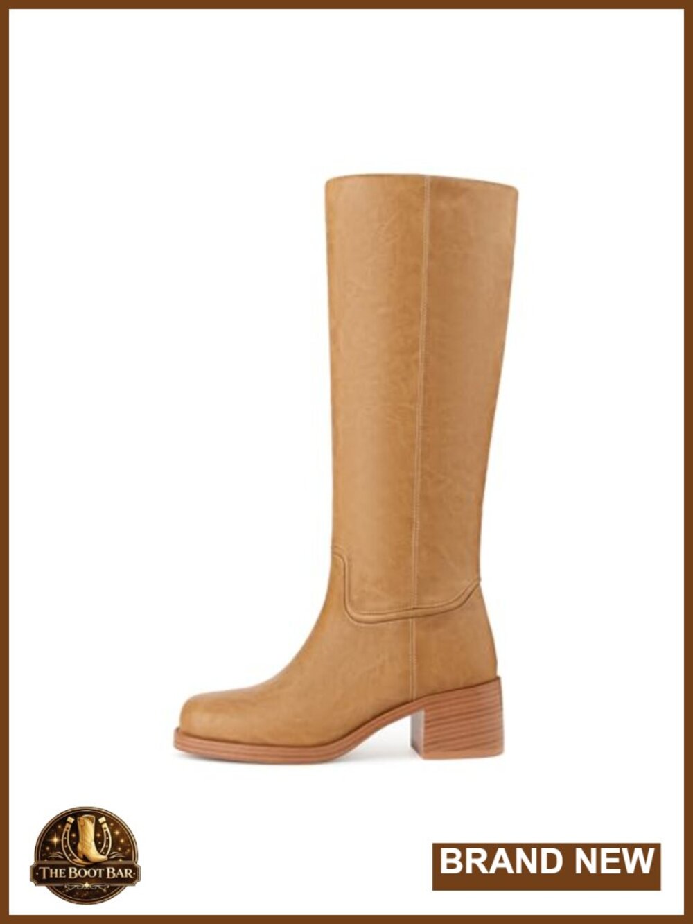 Women's Chunky Block Heel Knee High Boots Square Toe Pull On Faux Leather Brown - Picture 1 of 6